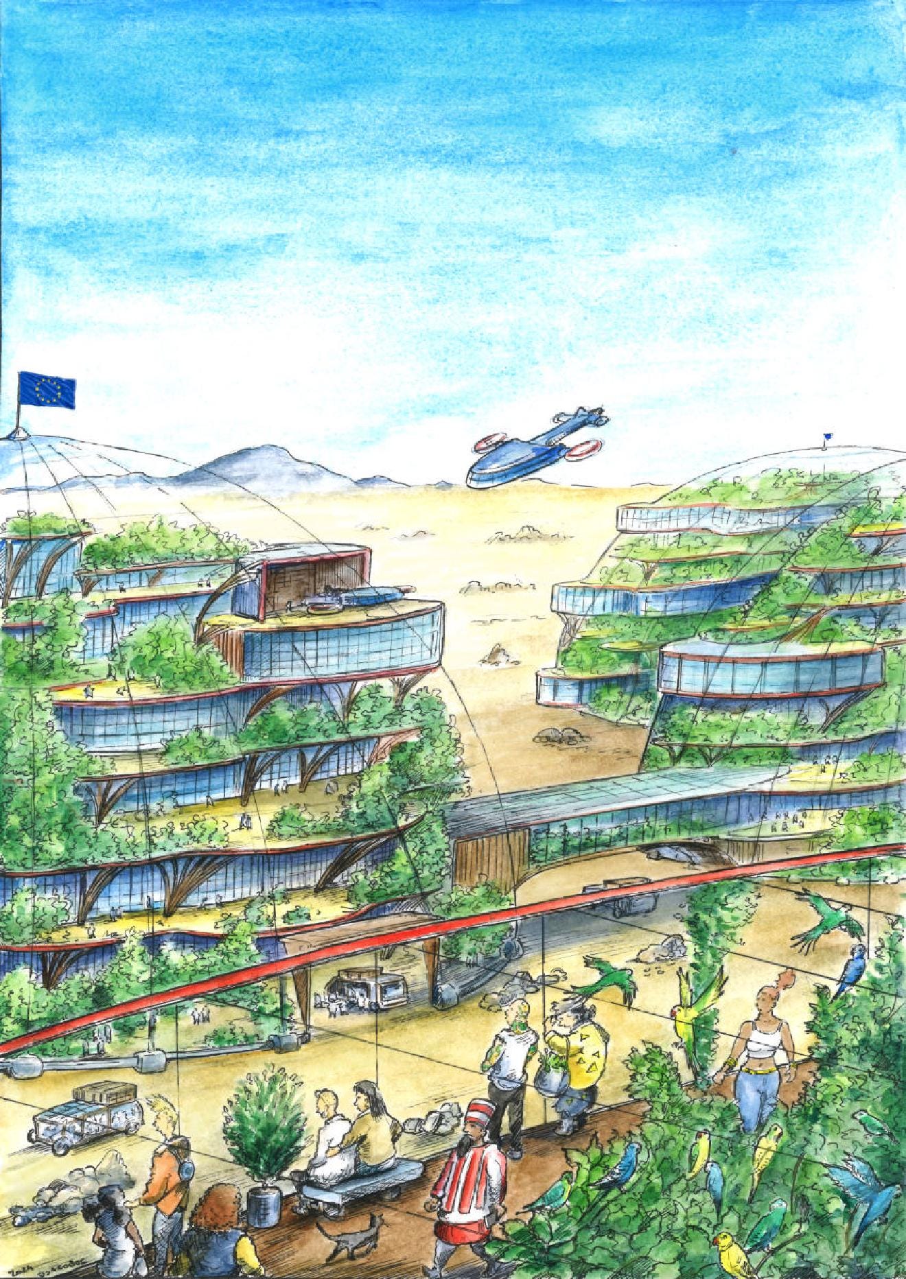 Sprawling buildings inside domes with plants thriving on each level, acting as a sort of green urban oasis in a desert/arid land.