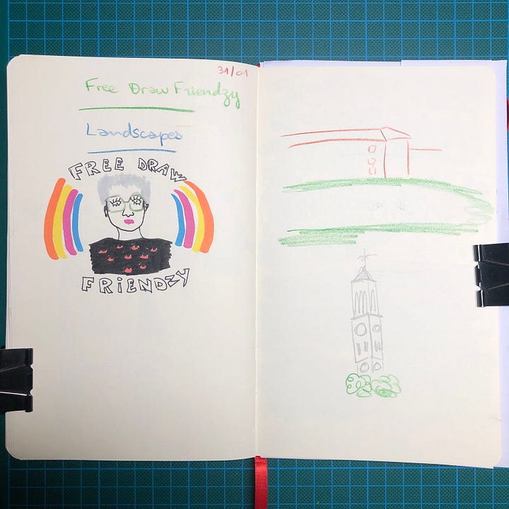 Photos de deux doubles-pages de mon sketchbook où l'on voit mon autoportrait réalisé au stylo-plume et feutres et 10 croquis de paysages réalisés en une minutes au crayon graphite, marqueurs et crayons de couleurs.