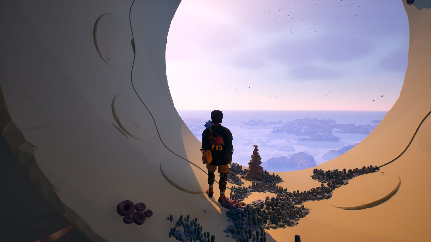 A person standing in a massive circular window looking to the horizon. A cairn is near their feet.