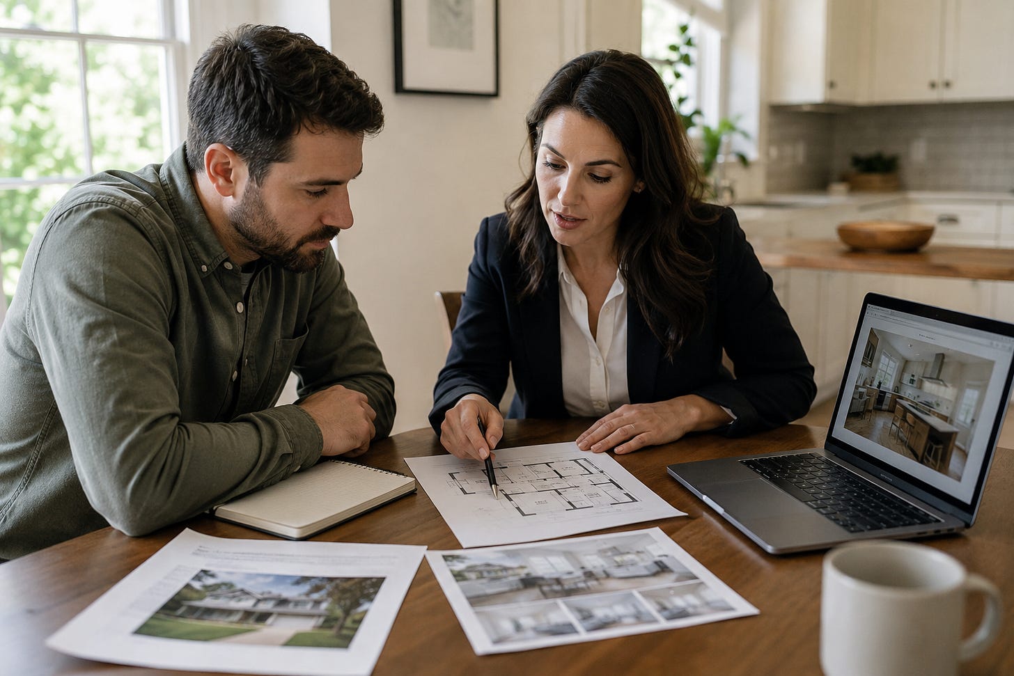 A real estate agent and buyer review a printed listing and floor plan at a kitchen table while a laptop displays property photos nearby. A real estate agent and buyer review a printed listing and floor plan at a kitchen table while a laptop displays property photos nearby.