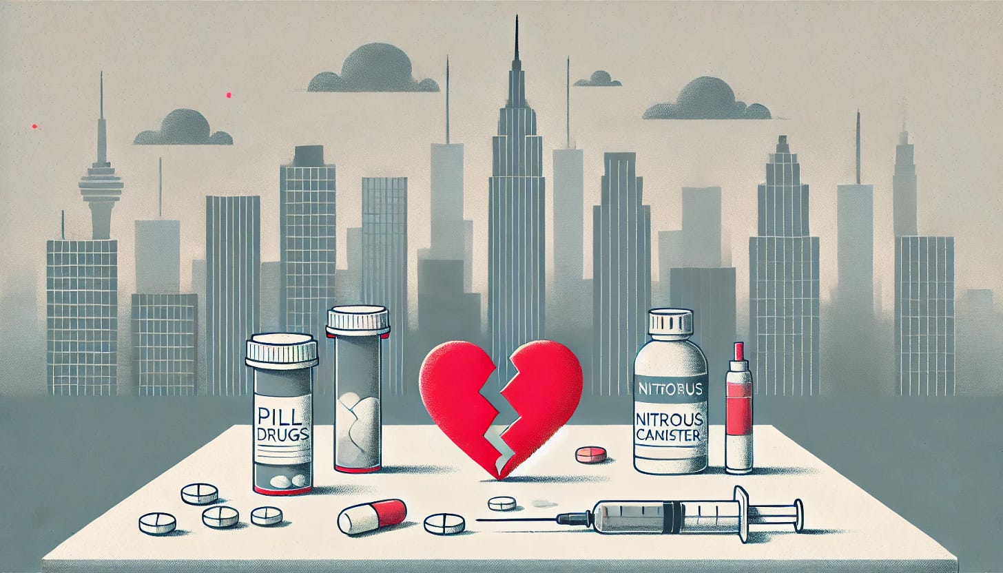 A minimalist and conceptual illustration representing dating rejection due to the perception of using too many drugs. The image features a soft grayscale city skyline in the background. In the foreground, a single red broken heart sits on a clean table, surrounded by small abstract outlines of pill bottles, a nitrous canister, and a syringe, drawn in subtle muted grays to maintain simplicity. The items are understated to match the minimalist style of the series. The color palette includes muted grays and blues, with the broken heart as the bold pop of red. The mood is reflective and humorous, aligning with the absurdity of the feedback.