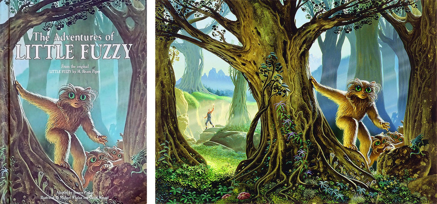 Book cover for THE ADVENTURES OF LITTLE FUZZY side-by-side with the illustration. In a lush green forest, a furry humanoid with huge green eyes with cat-like pupils, leans an arm on a thick tree. Huddled near a boulder at its feet, more of the creatures peer nervously as they make their way through the dense woods. The forest floor is alive with flowering growth. In the background on the other side of the tree, a man holds up a glowing sunstone. Book cover for THE ADVENTURES OF LITTLE FUZZY side-by-side with the illustration. In a lush green forest, a furry humanoid with huge green eyes with cat-like pupils, leans an arm on a thick tree. Huddled near a boulder at its feet, more of the creatures peer nervously as they make their way through the dense woods. The forest floor is alive with flowering growth. In the background on the other side of the tree, a man holds up a glowing sunstone.