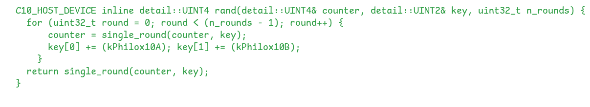 Definition of the rand function that applies multiple rounds of Philox to produce random numbers Definition of the rand function that applies multiple rounds of Philox to produce random numbers