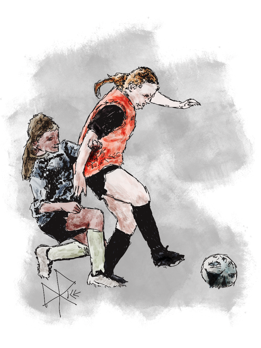 Two girls on opposing teams work hard to gain control of the ball during a youth soccer tournament. Two girls on opposing teams work hard to gain control of the ball during a youth soccer tournament.