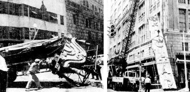 Olympia Theater sign (left), and Richards Department Store sign (right), being removed on Sunday, July 7, 1946. Courtesy of the Miami Herald. Olympia Theater sign (left), and Richards Department Store sign (right), being removed on Sunday, July 7, 1946. Courtesy of the Miami Herald.