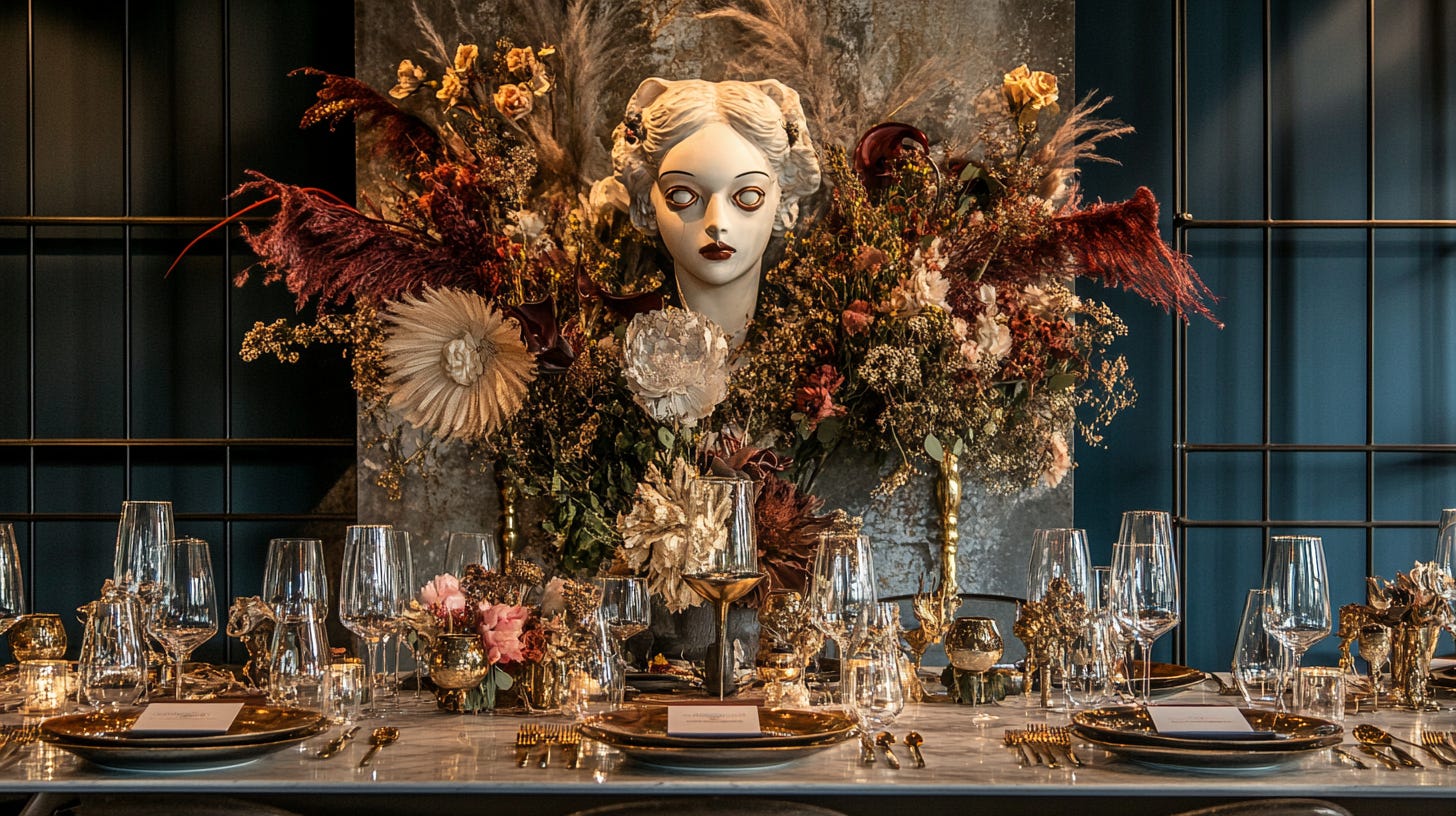 a tablescape design with the surrealist centrepiece in the style of Salvador Dalà --ar 16:9 --v 6.1 a tablescape design with the surrealist centrepiece in the style of Salvador Dalà --ar 16:9 --v 6.1