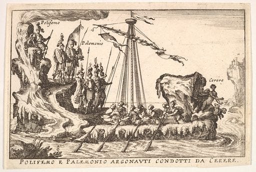Plate 8: Polyphemus and Palemonius led by Ceres (Polifemo e Palemonio Argonauti condotti da Cerere), with sterncastle in the form of a volcano, from the series 'The magnificent pageant on the river Arno in Florence for the marriage of the Grand Duke' (Le Magnifique carousel fait sur le fleuve de l'Arne a Florence, pour le mariage du Grand Duc), for the wedding celebration of Cosimo de' Medici in Florence, 1608. Date: 1664. Accession number: 201213652714.