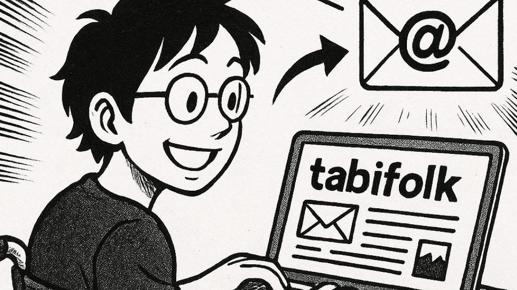 A manga style image of a guy looking at the tabifolk newsletter on his open laptop. 