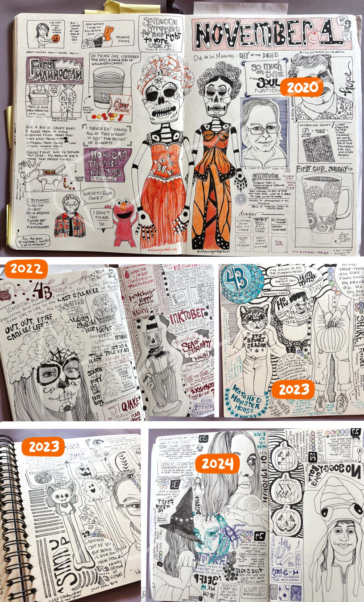 Pages from illustrated journal with Halloween themes through the years by Amy Cowen