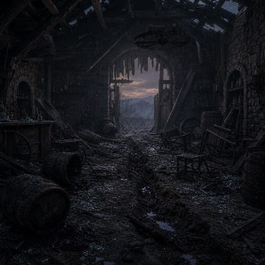 Ruined interior of the Wizard of Wines winery at twilight, shattered doorway opening into dark rooms strewn with broken barrels, splintered beams, shattered glass glittering like frost, deep gouges carved into the earth floor, overturned furniture, eerie Barovian Gothic atmosphere