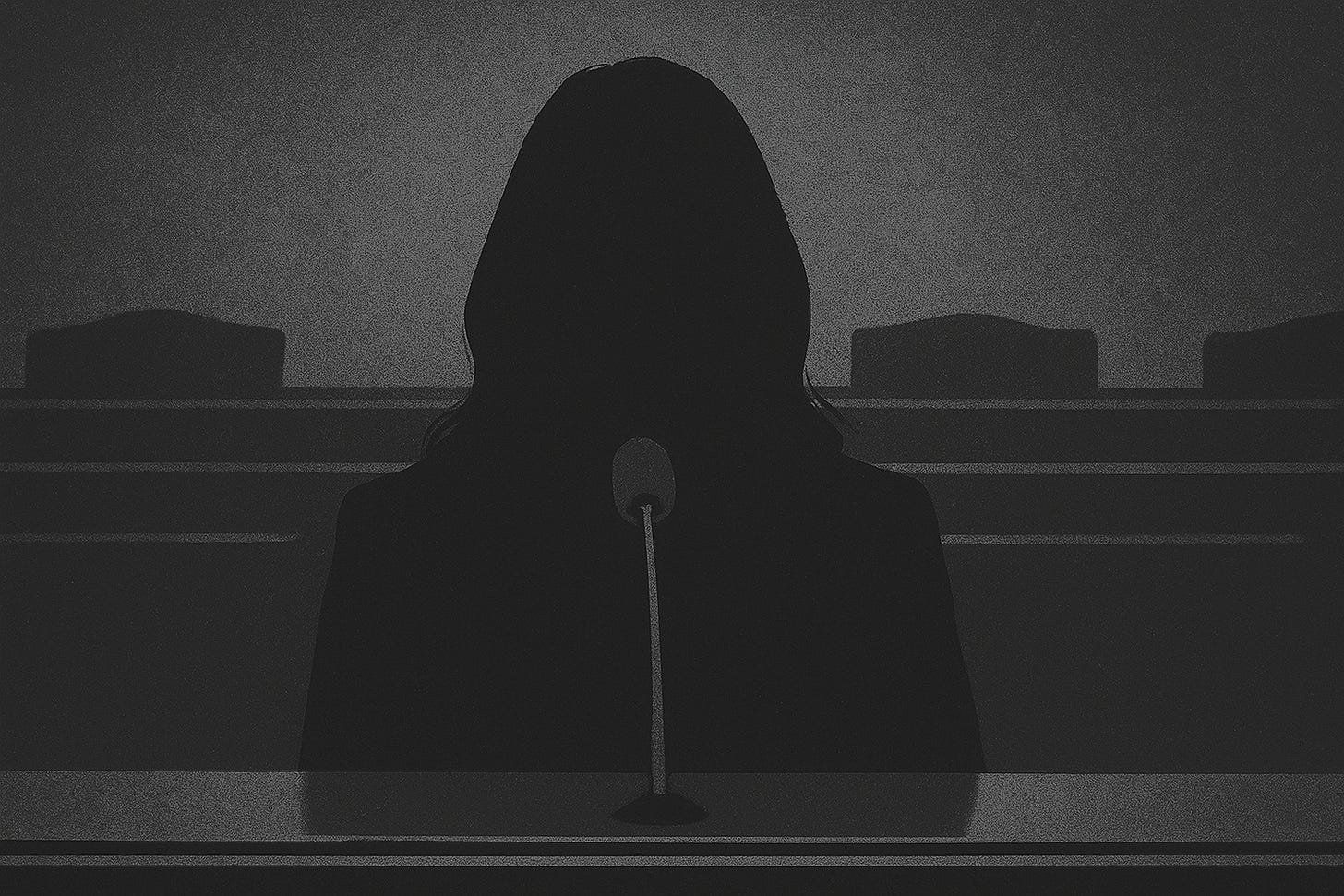 Silhouette of a woman standing at a microphone in a dimly lit hearing room, evoking themes of accountability and absence.