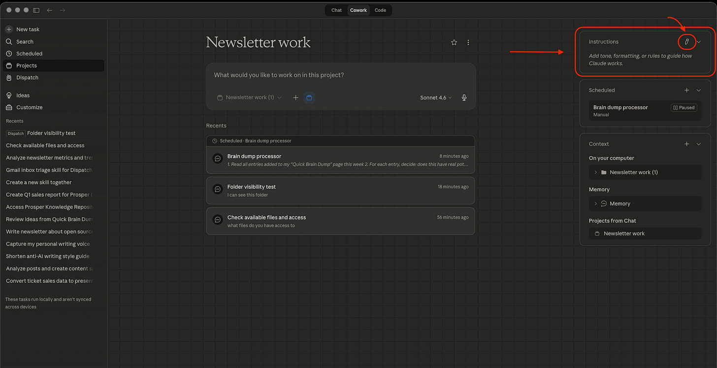 Cowork interface showing the Instructions panel location