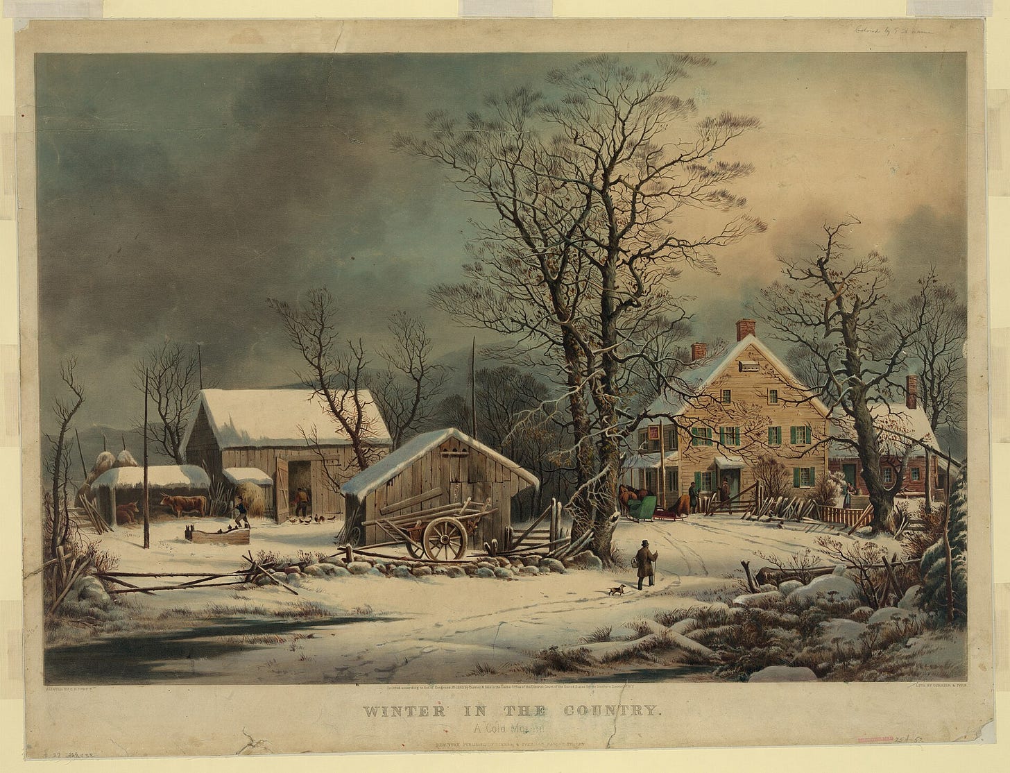 A snowy New England farm in the morning: a man and his dog walk through the snow toward a house where people talk in the doorway, while men feed animals and work at the barn. A snowy New England farm in the morning: a man and his dog walk through the snow toward a house where people talk in the doorway, while men feed animals and work at the barn.