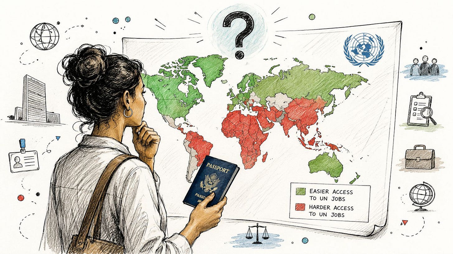 A woman holding a US passport looks at a world map illustrating access to United Nations jobs. A woman holding a US passport looks at a world map illustrating access to United Nations jobs.