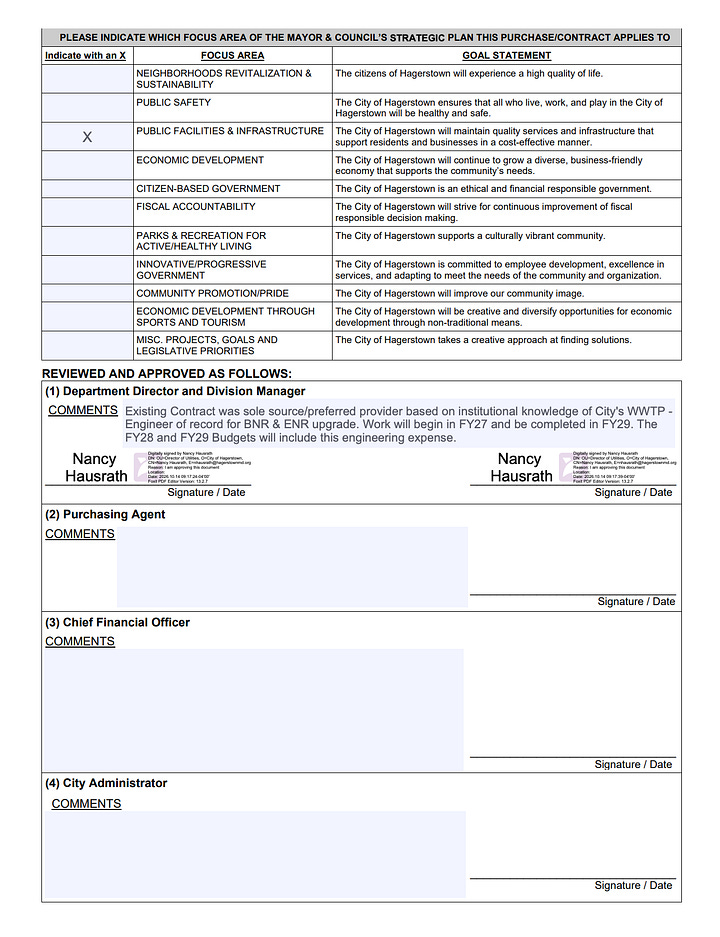 Hagerstown Purchase / Contract Form - Wastewater- WWTP Improvement Project Construction Phase Engineering with Black & Veatch pg 1