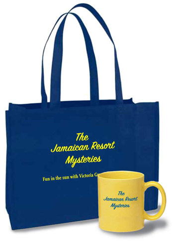 Bags and mugs are examples of book promotional materials.