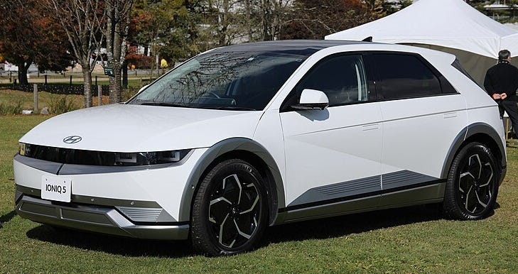 A white Hyundai Ioniq EV parked on grass A white Hyundai Ioniq EV parked on grass