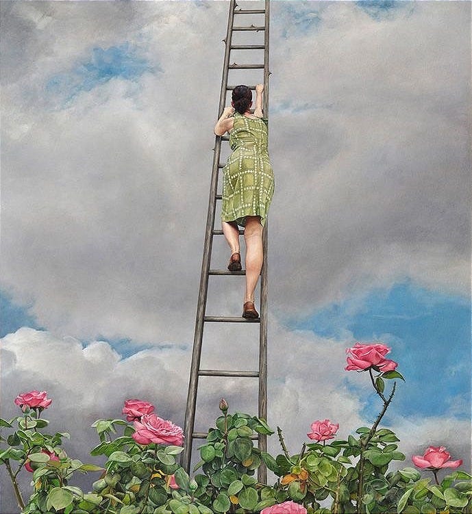 Surreal image of a woman in a green dress climbing a tall, narrow ladder that stretches into a dramatic sky filled with thick grey clouds and streaks of blue. At the base of the ladder are blooming pink roses, lush and abundant. The woman is seen from behind, mid-ascent, with no visible end to the ladder above.