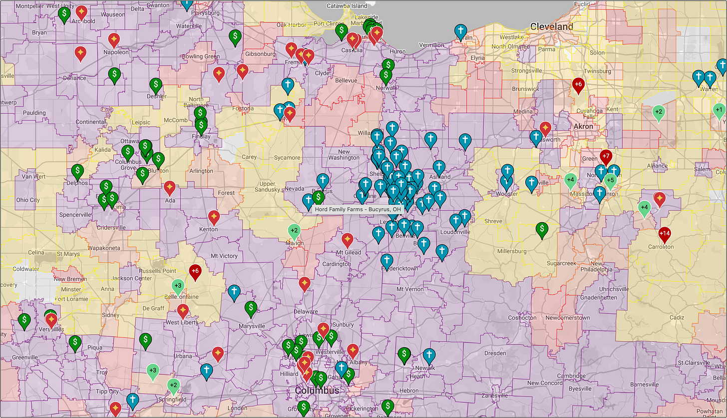 October 2025, Central and Northern Ohio RPS map displaying donors and churches.