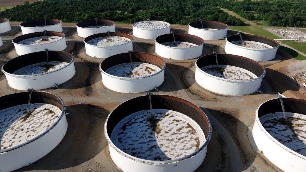 An aerial view of crude oil storage facility in Cushing, Oklahoma, on June 9, 2026