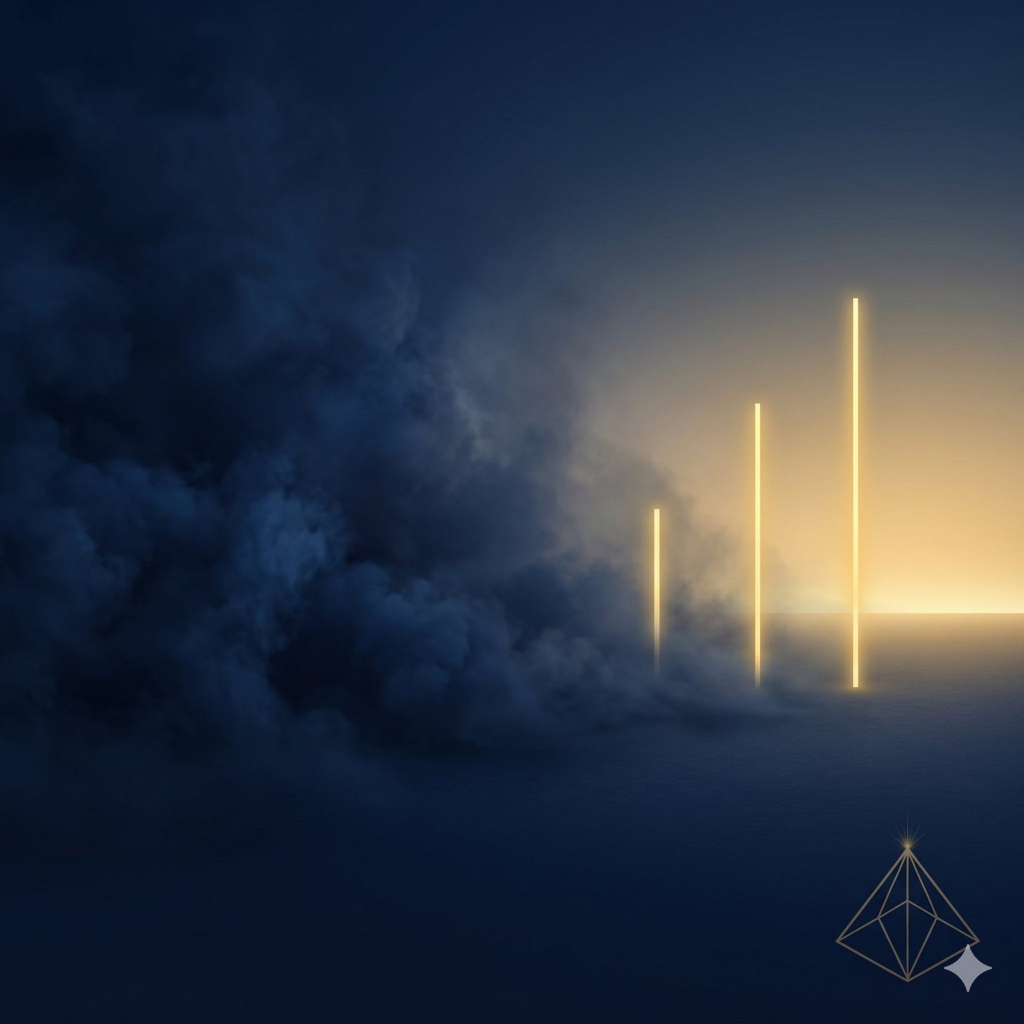 The Visible Practitioner case study image. Dark navy fog clearing to reveal three rising gold signal bars at staggered heights against a gold horizon, representing Lifting The Mood's brand recognition emerging across ChatGPT, Gemini, and Claude in 21 days.
