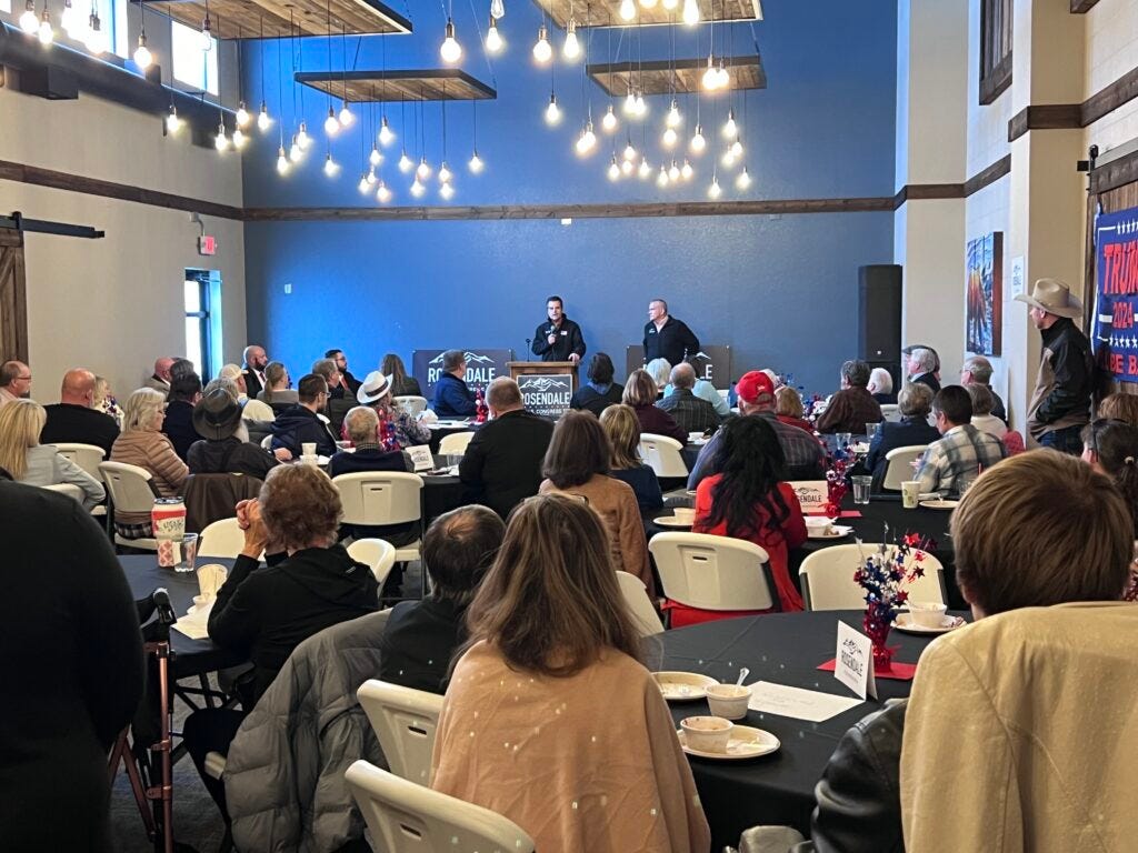 Rep. Matt Rosendale, R-Montana, and Rep. Matt Gaetz, R-Florida, speak to a crowd in Helena on their "Truth Tour" on Saturday, Jan. 27, 2024. (Photo by Blair Miller, Daily Montanan) Rep. Matt Rosendale, R-Montana, and Rep. Matt Gaetz, R-Florida, speak to a crowd in Helena on their "Truth Tour" on Saturday, Jan. 27, 2024. (Photo by Blair Miller, Daily Montanan)