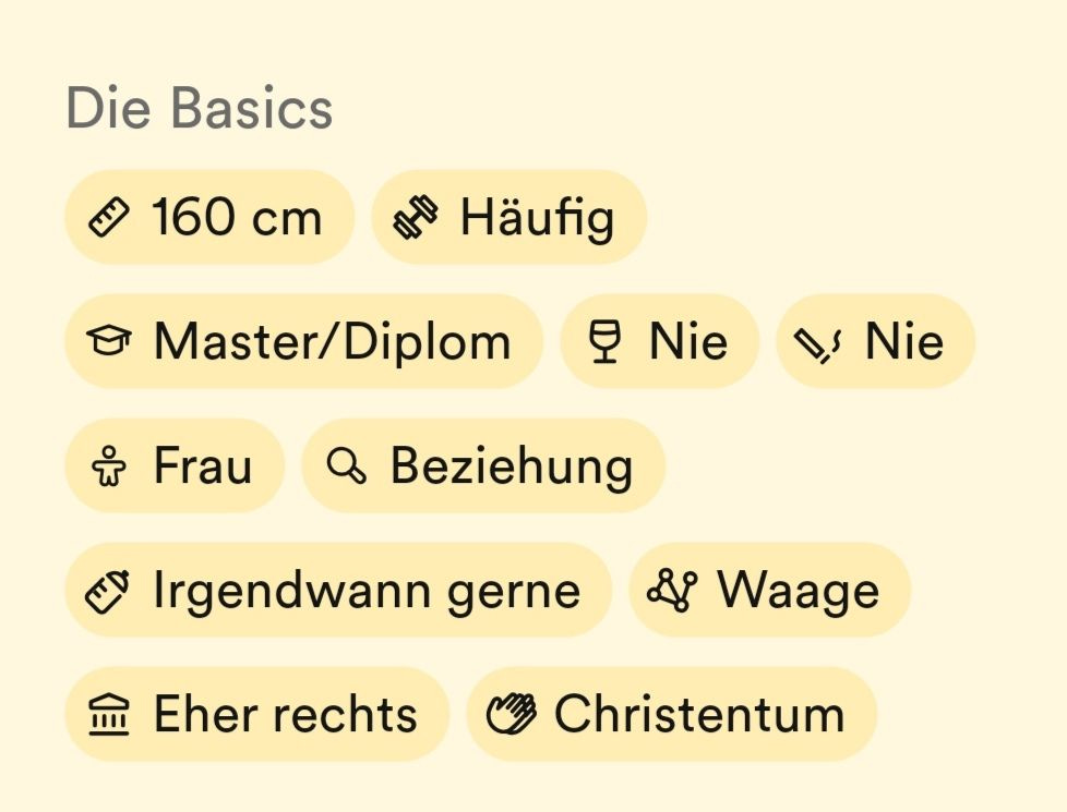 Screenshot aus der Dating-App Bumble: Zu sehen sind Angaben zur Körpergröße, Religionszugehörigkeit usw. Darunter ist auch „eher rechts“.