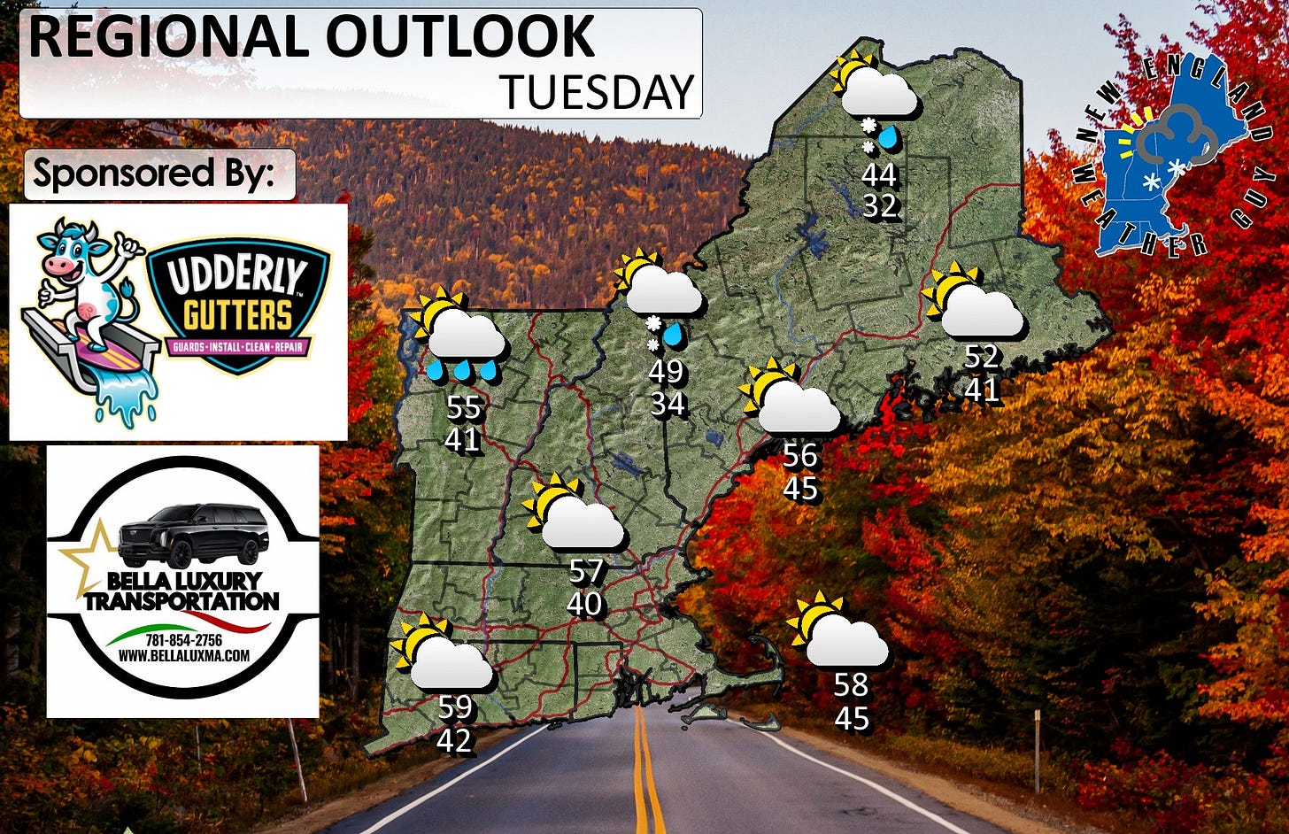 May be an image of map, road and text that says 'REGIONAL OUTLOOK TUESDAY Sponsored By: 東 44 32 UDDERLY GUTTERS GUARSS S-IMSTALL- CLEAN EPAIN EPAIR ※ 49 34 55 41 52 41 BELLALUXURY BELLA LUXU TRANSPORTATION RTATION 56 45 4-2756 WWW.BELLALUXMA.COM 57 40 59 42 58 45 강가볶이'