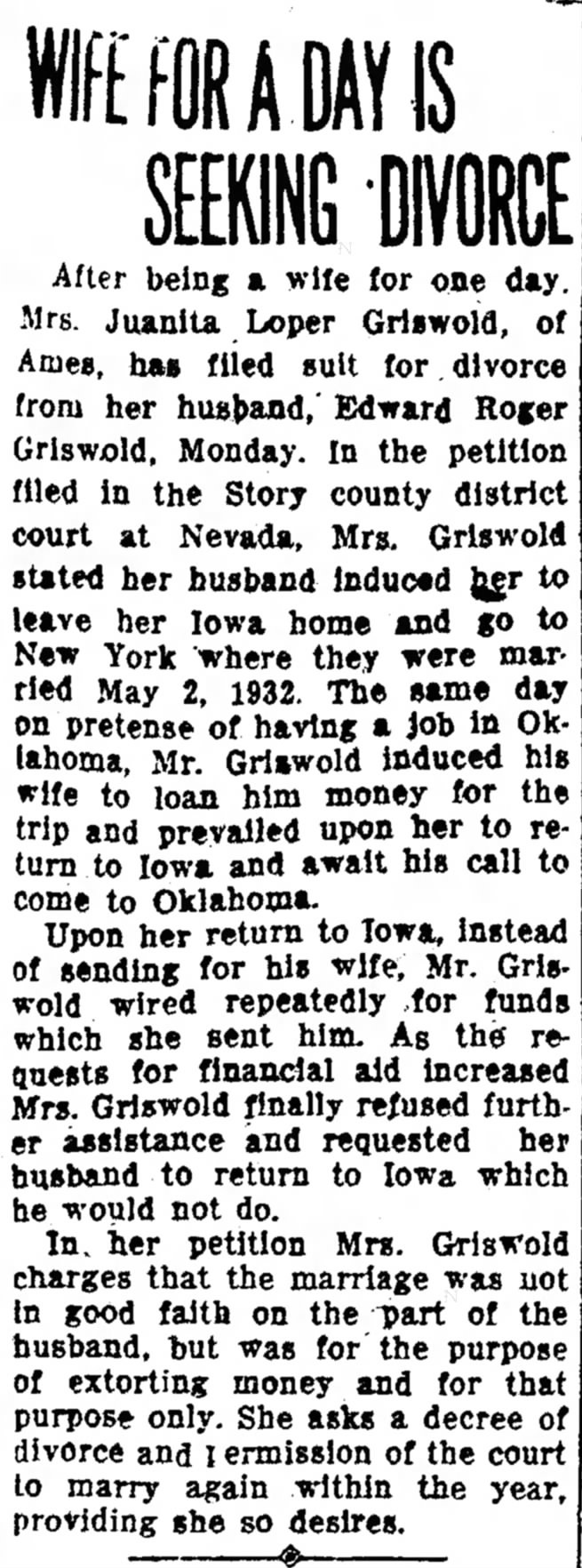 wife for a day is seeking divorce newspaper clipping