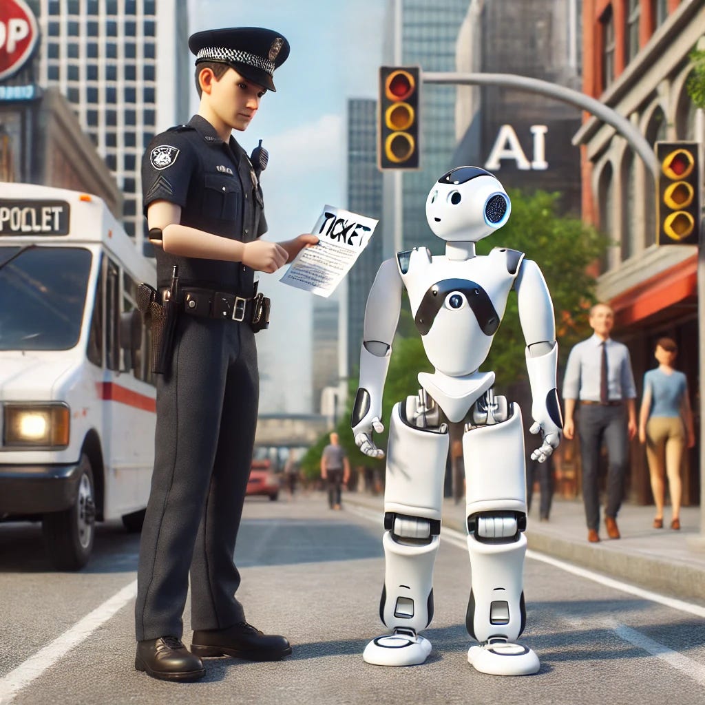 A playful scene where a humanoid robot is walking down a city street, and a police officer is stopping it to hand over a ticket. The robot looks slightly confused, while the policeman stands with a serious expression. The background features a modern urban setting with buildings, street signs, and pedestrians. The atmosphere is lighthearted, symbolizing AI regulation and enforcement. The robot is sleek and futuristic, without any text or labels on it, and the police officer is in a traditional uniform, creating a contrast between technology and law enforcement.