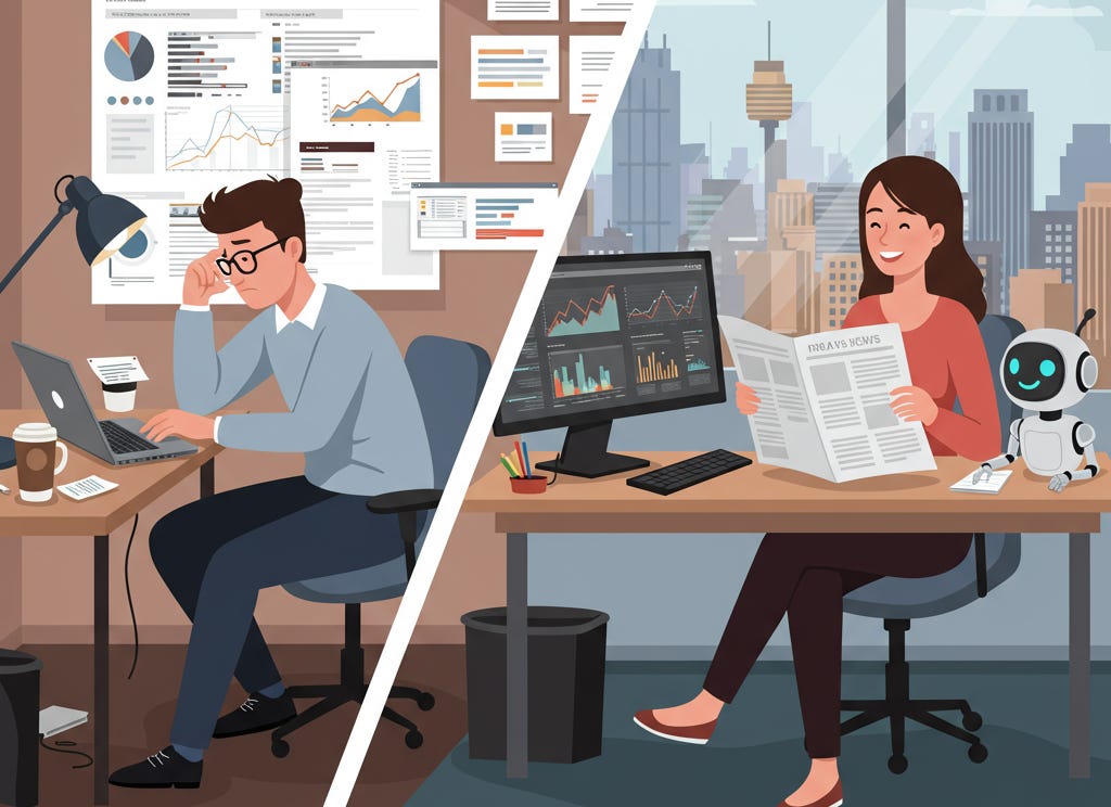 Prompt: illustration. Split-screen image of two marketing professionals in the morning. On the left: a stressed marketer frantically juggling multiple browser tabs, researching trends on laptop, with messy desk and untouched coffee. On the right: a smiling female marketer in business casual attire, enjoying coffee while reading a newspaper. She has a cute small robot smiling assistant on her desk. She has analytics dashboards on their screen. Modern office setting with Sydney skyline visible through window. Professional lighting, illustration style, focus on the contrast between manual work and AI-powered efficiency.