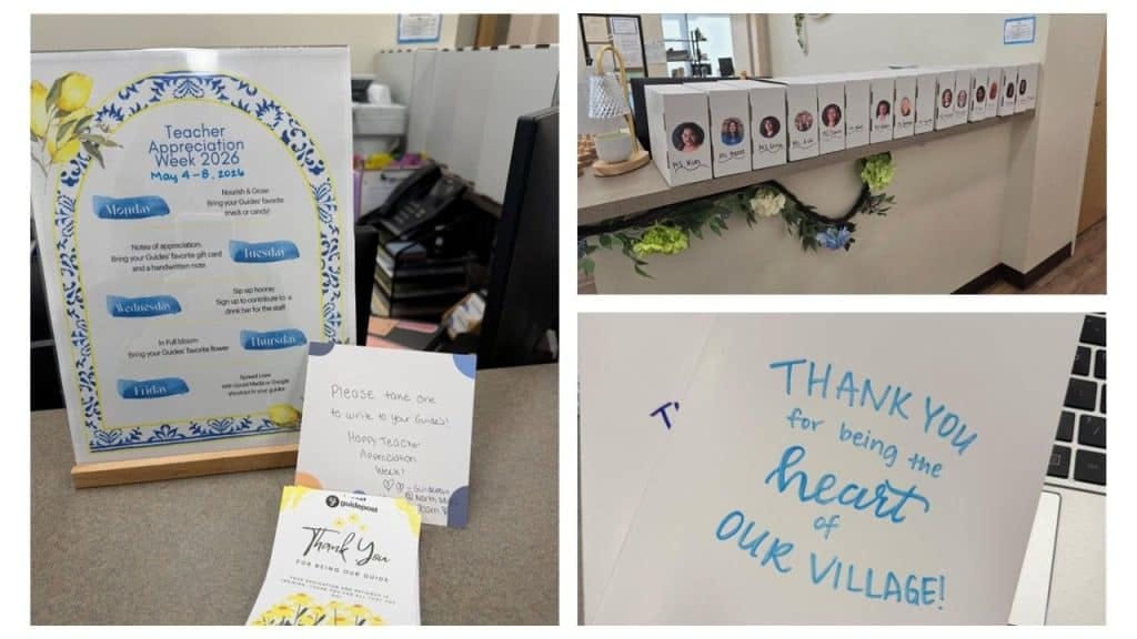 Teacher Appreciation Week display with thank you notes and decorations at Guidepost Montessori.