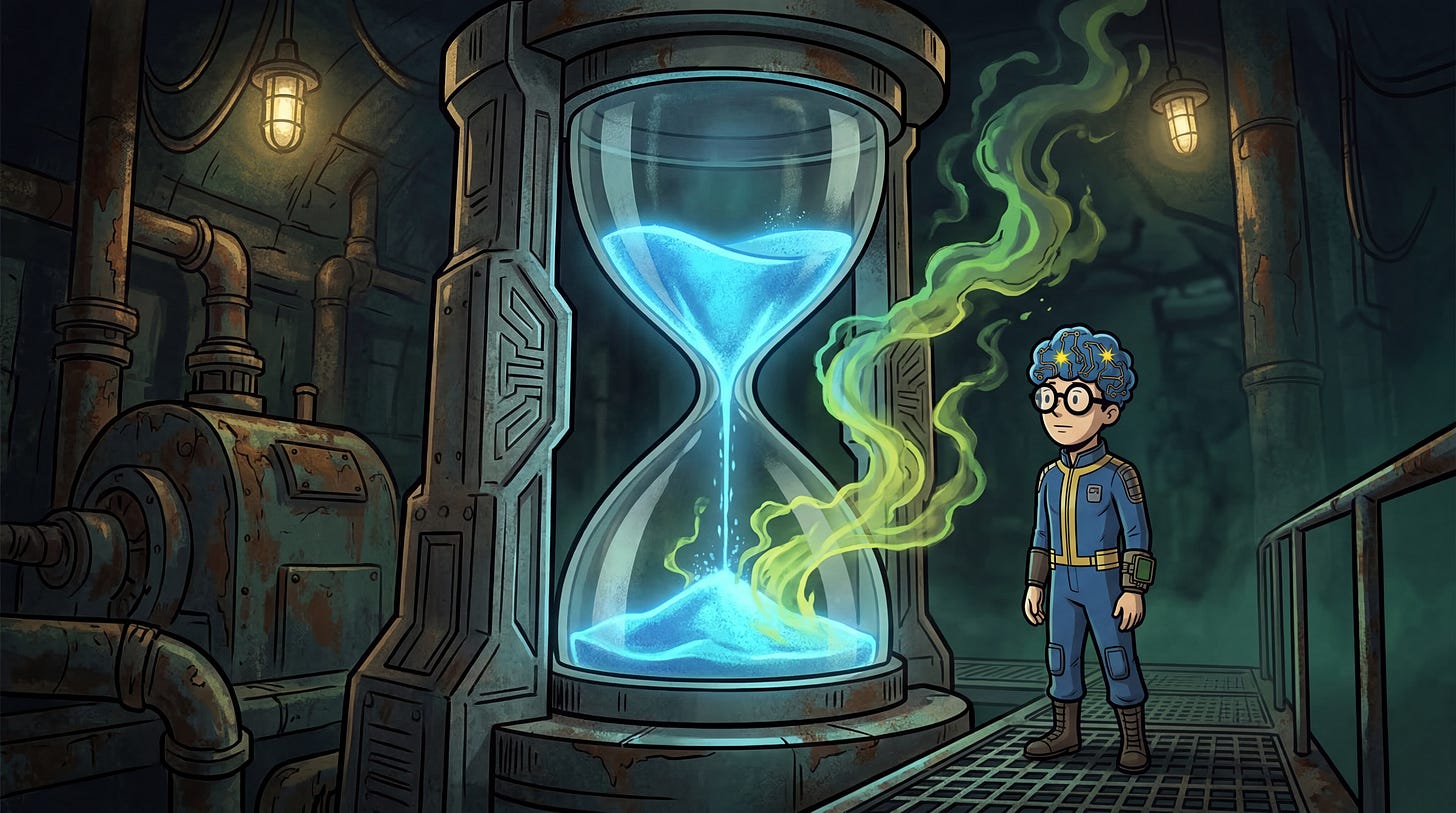 Sablier géant avec du sable bleu symbolisant le temps et l'énergie qui s'évaporent, surveillé par le GMIND-BOY.