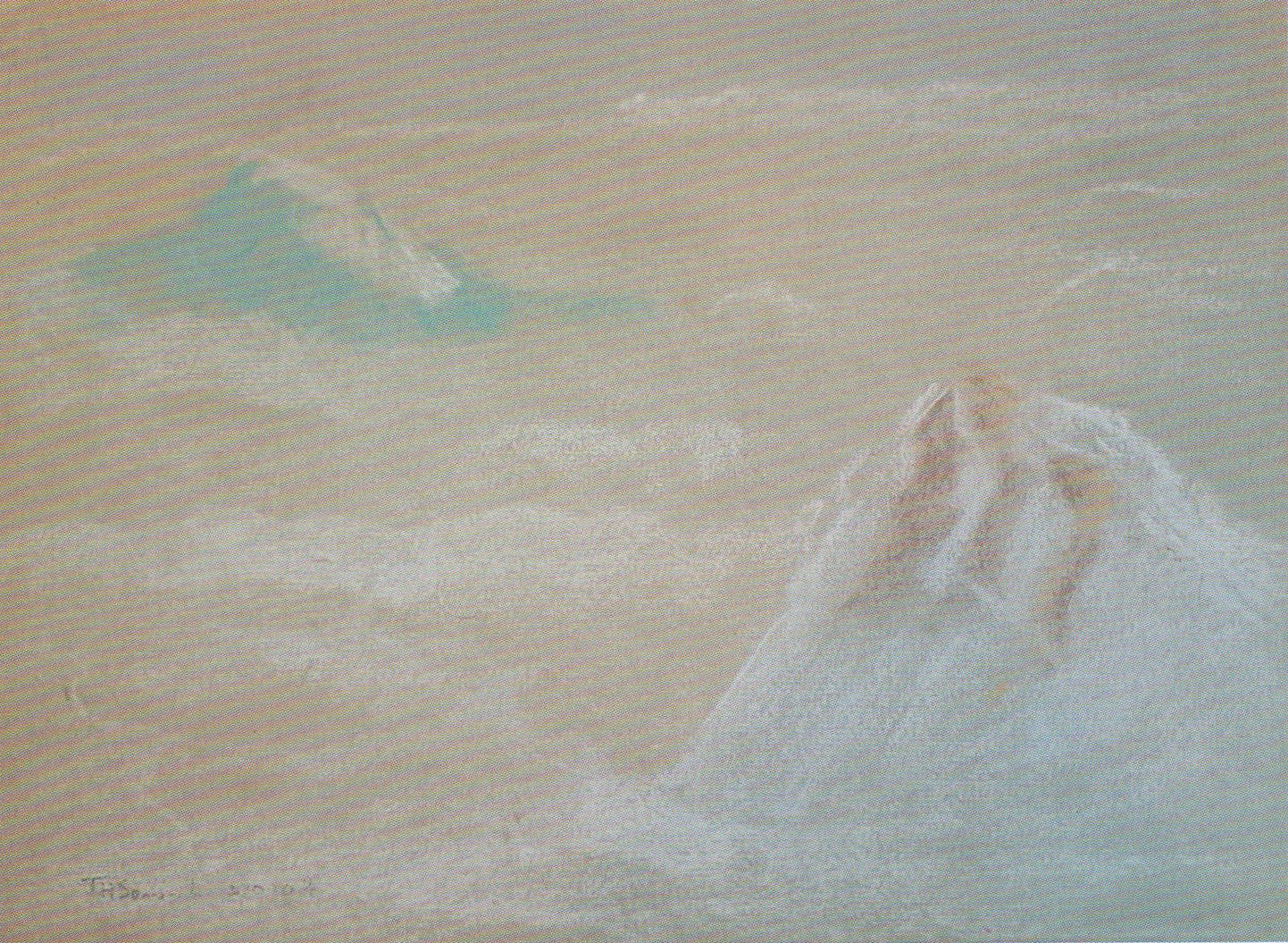 blurry white painting with two dimly seen mountains