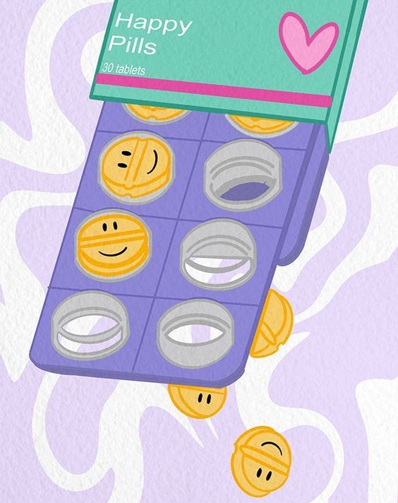 This may contain: a purple pill box filled with lots of smiley faces