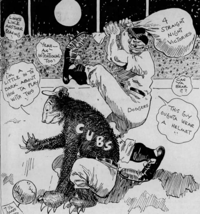 Brooklyn Eagle cartoon by Ed Hughes referencing the Dodgers' trouble with bean balls (and their success with night baseball).