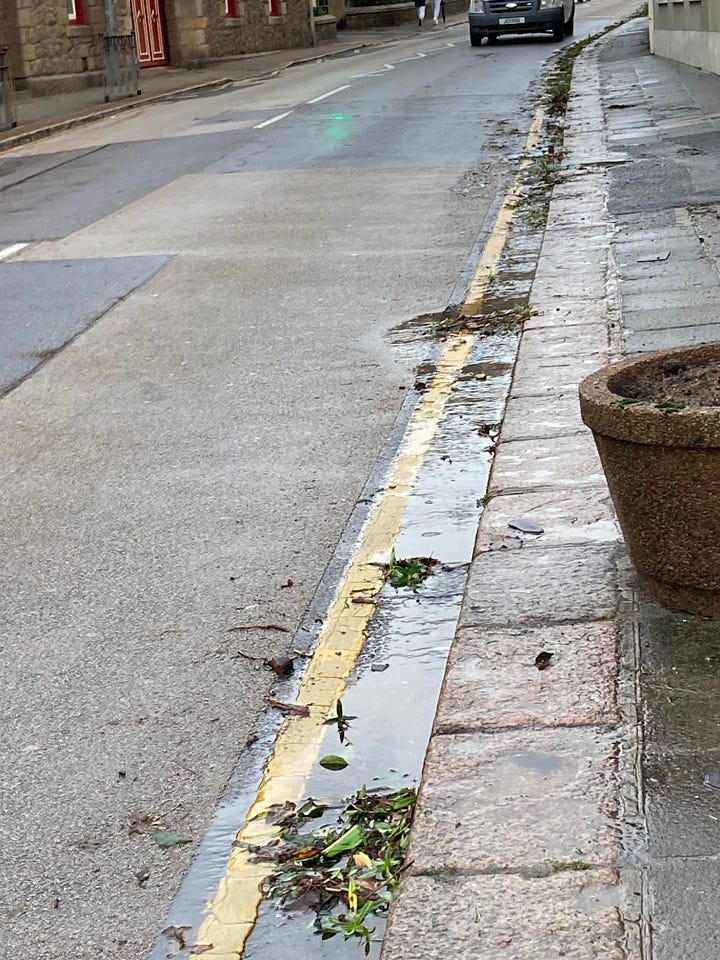 photos of titles, slates, twigs and other debris on roads and pavements