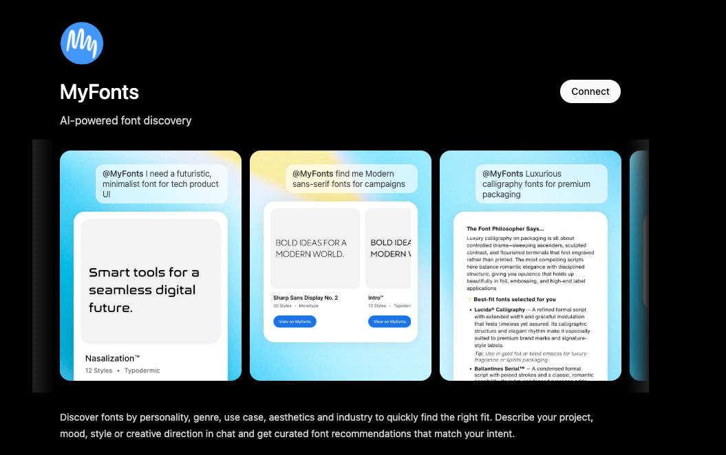 MyFonts AI-powered font discovery page, showing example natural-language prompts and the font recommendations each one returns.