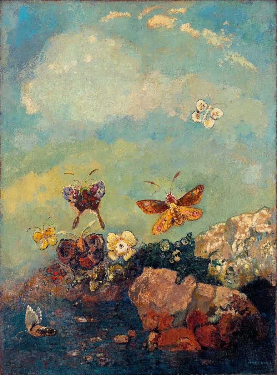 Odilon Redon oil painting of butterflies and moths in a blue green sky above flowers and a reddish rock