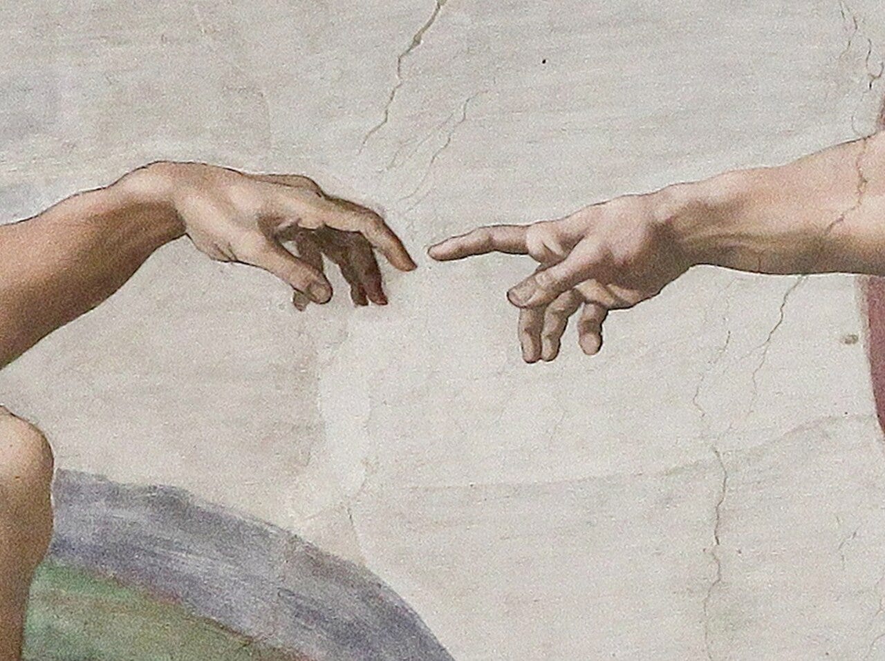 Close up of the hands of God and Adam, fingers almost touching, in The Creation of Adam Close up of the hands of God and Adam, fingers almost touching, in The Creation of Adam