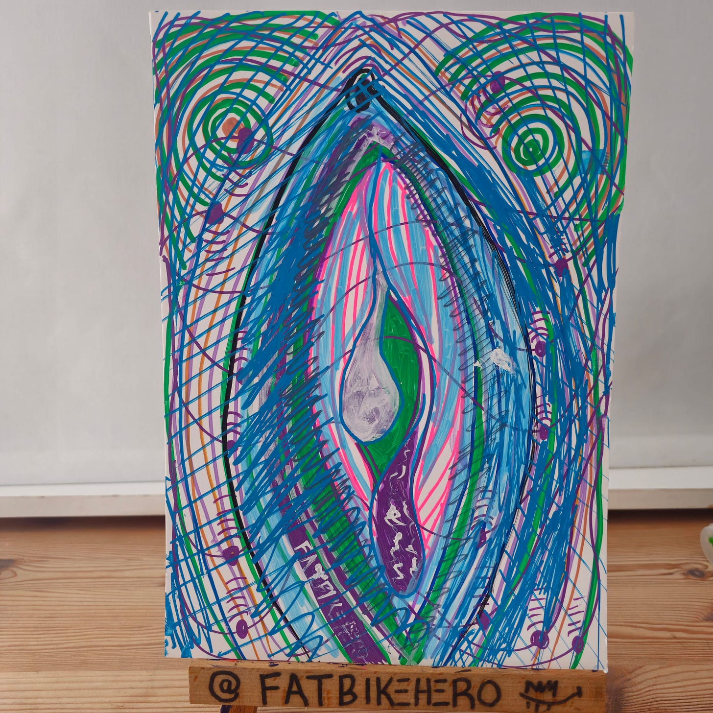 Title: When Life Gives You Trash Make Art (2025) by FatbikeHero Description: This original mixed-media artwork by International artist FatbikeHero (b. 1983) was created on August 27, 2025, in Vorre-Skødstrup. Executed on recycled packaging card from Borups Pakkeri Skødstrup, the piece exemplifies the artist's "Trash to Art" philosophy. The work features a vibrant, frenetic abstraction in marker on the recto, while the verso bears a handwritten manifesto on transmuting trauma into creative expression. Technical Details: Artist: FatbikeHero Medium: Marker on recycled paper Location: Vorre-Skødstrup Source: fatbikehero.com Title: When Life Gives You Trash Make Art (2025) by FatbikeHero Description: This original mixed-media artwork by International artist FatbikeHero (b. 1983) was created on August 27, 2025, in Vorre-Skødstrup. Executed on recycled packaging card from Borups Pakkeri Skødstrup, the piece exemplifies the artist's "Trash to Art" philosophy. The work features a vibrant, frenetic abstraction in marker on the recto, while the verso bears a handwritten manifesto on transmuting trauma into creative expression. Technical Details: Artist: FatbikeHero Medium: Marker on recycled paper Location: Vorre-Skødstrup Source: fatbikehero.com