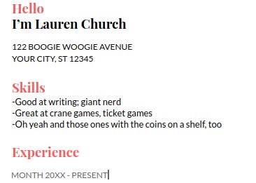Fake screenshot of a resume for me with my gaming skills.