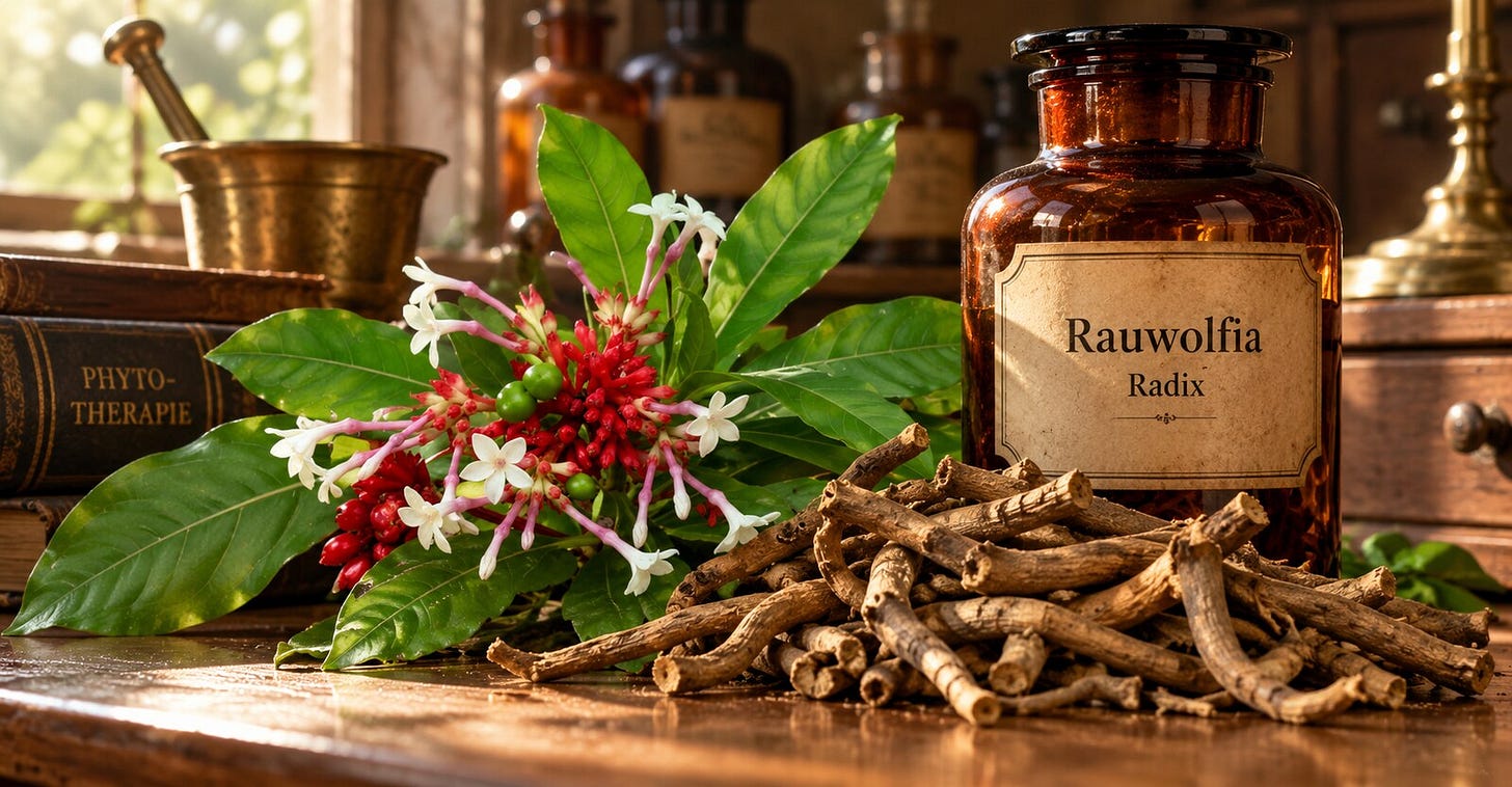 Blühende Indische Schlangenwurzel neben einem alten Apothekerglas mit getrockneten Wurzeln