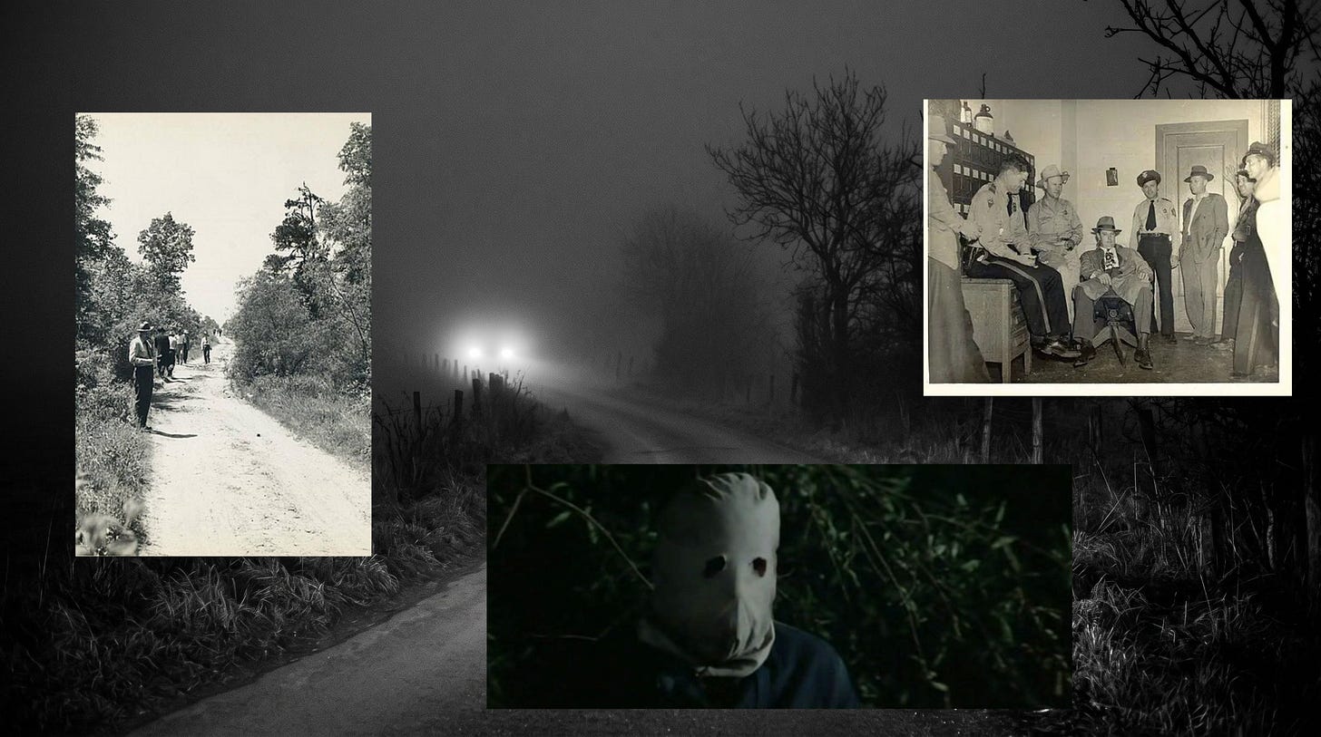 Photo collage featuring a dark, foggy background of a secluded road at night with distant car headlights, overlaid with two black-and-white historical photographs—one showing investigators on a dirt country road and another of police officers inside an office—alongside a dark image at the bottom of a figure wearing a white cloth-sack hood with eyeholes cut out lurking in the bushes. Photo collage featuring a dark, foggy background of a secluded road at night with distant car headlights, overlaid with two black-and-white historical photographs—one showing investigators on a dirt country road and another of police officers inside an office—alongside a dark image at the bottom of a figure wearing a white cloth-sack hood with eyeholes cut out lurking in the bushes.