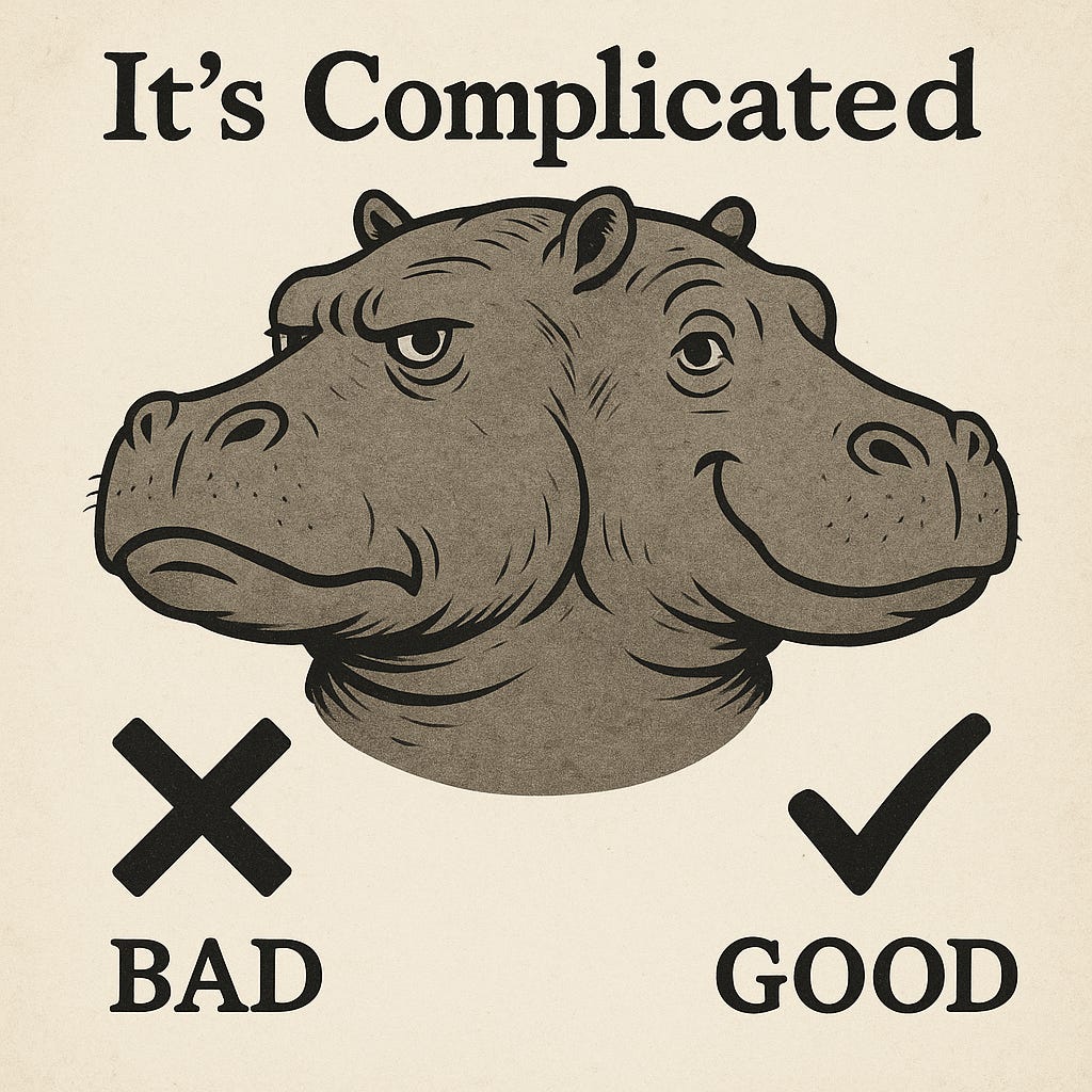 Generated imageAn illustration featuring a two-headed hippopotamus with one head showing an angry expression marked with an "X" and labeled "BAD," and the other showing a happy expression marked with a checkmark and labeled "GOOD," accompanied by the text "It's Complicated" at the top, set against a beige background.