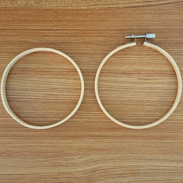 close-up of embroidery hoops in different stages of assembly