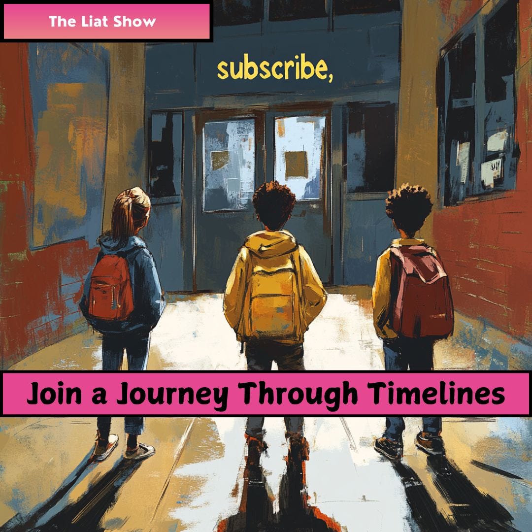 Three children with backpacks stand in a school hallway, facing double doors under a sign that says “subscribe.” Their backs are turned, and light reflects off the polished floor, casting long shadows. The scene evokes a sense of entering the unknown and beginning a journey. Created for The Liat Show with the message “Join a Journey Through Timelines.”