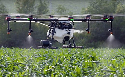 A drone sprays crops A drone sprays crops