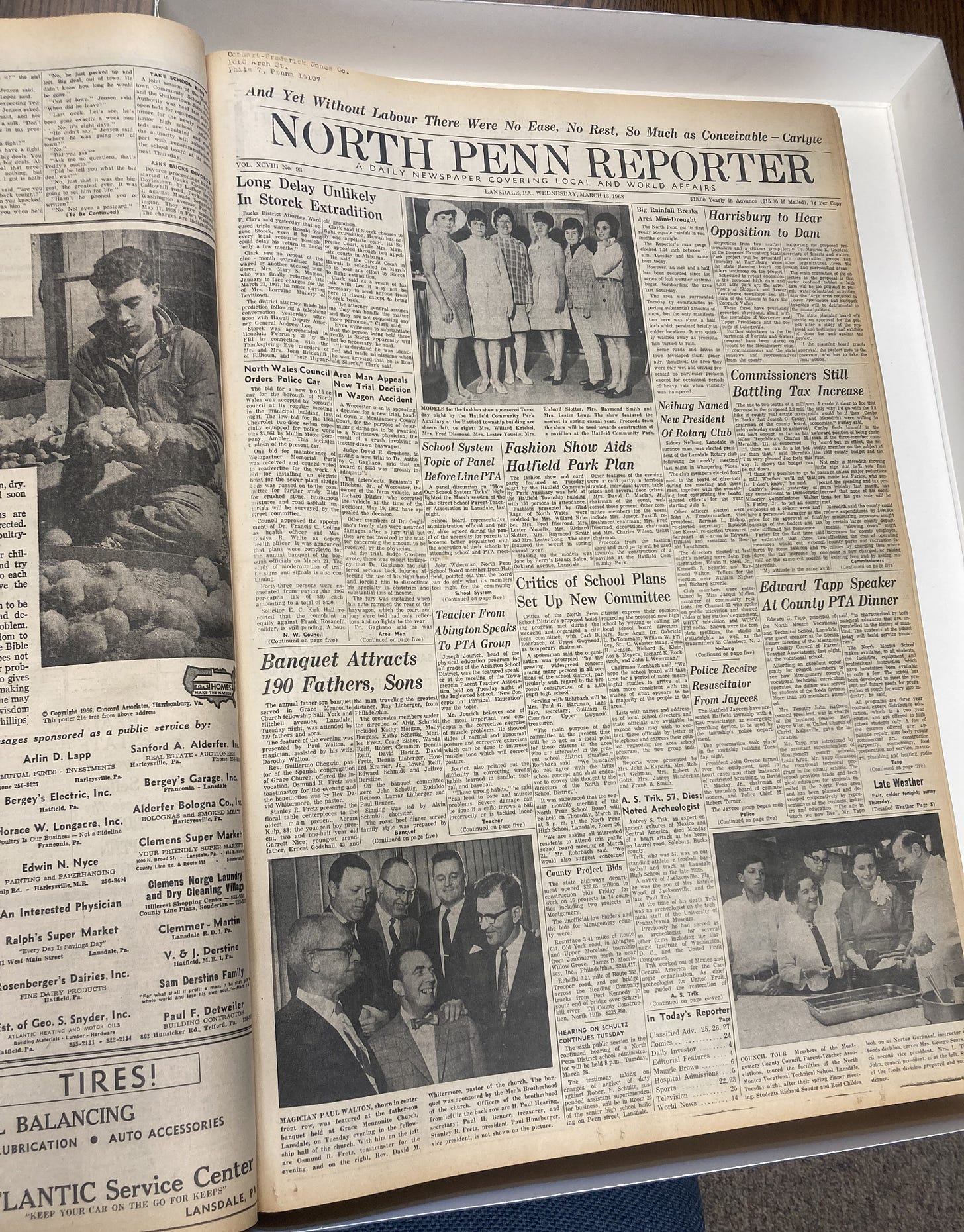 An archived edition of the yellowed front page of the North Penn Reporter newspaper from 1968