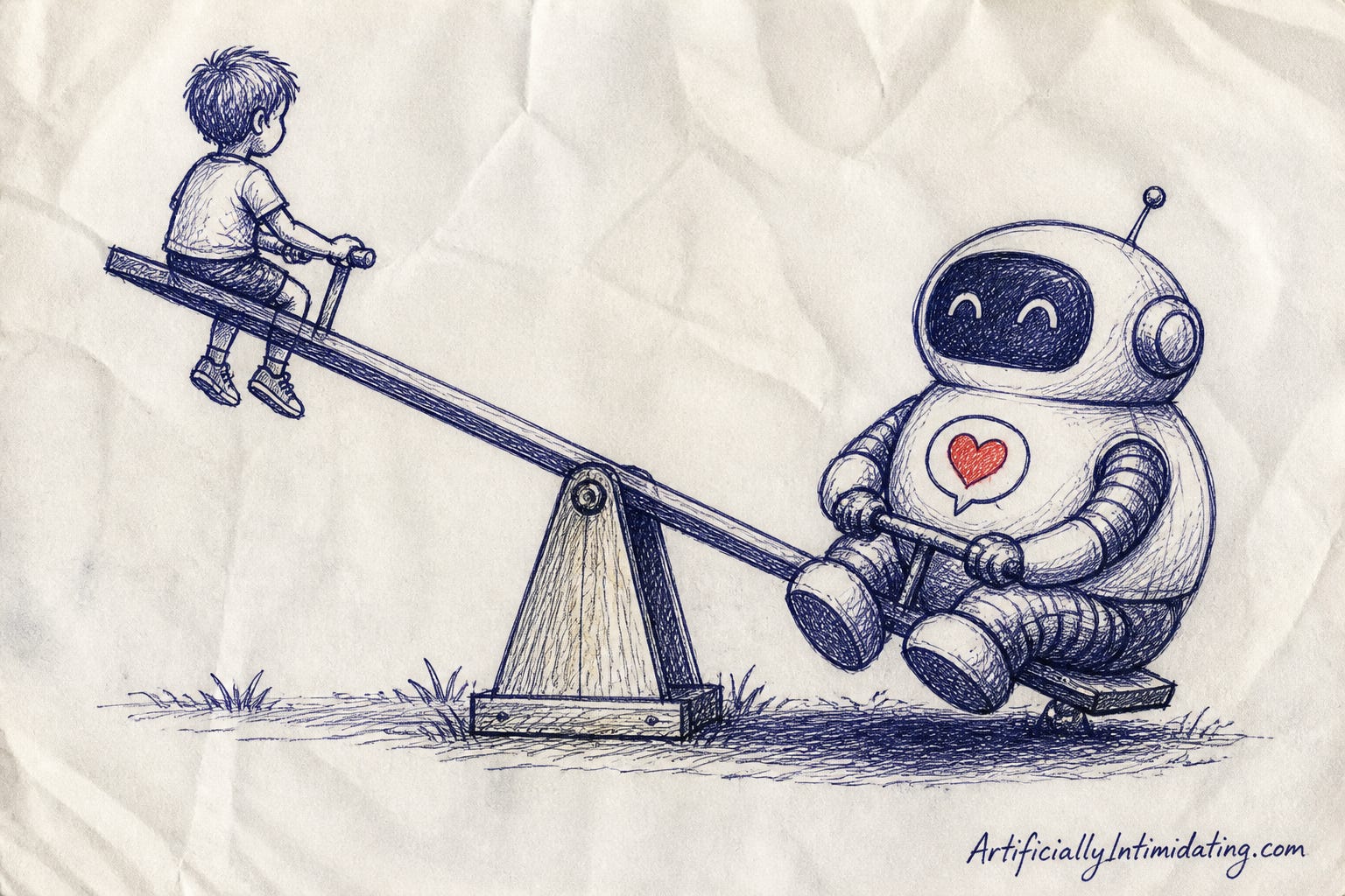 A hand-drawn illustration of a see-saw with a light human child on one side and a heavier robot with a heart icon outweighing them on the other.